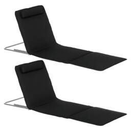 OUTSUNNY 2 Pieces Outdoor Beach Mat Steel Reclining Chair Set w/ Pillow in Black - thumbnail 2