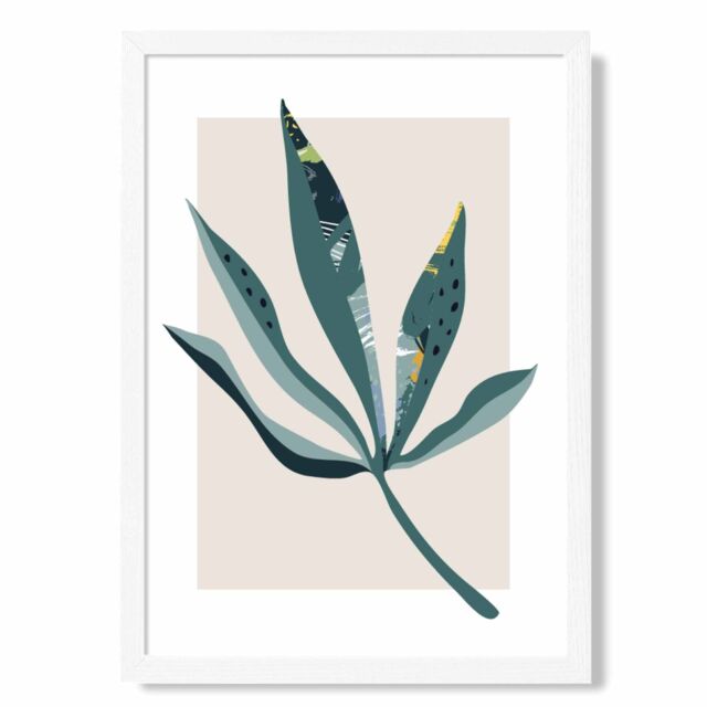 ARTZE Palm Leaf Teal & Green Mid Century Modern Framed Print SIZE: A2 with White Frame - Size: A3 - image 1