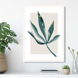 ARTZE Palm Leaf Teal & Green Mid Century Modern Framed Print SIZE: A2 with White Frame - Size: A3 - thumbnail 2