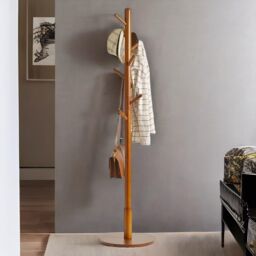 Rafaelo Mobilia Adjustable Wooden 8 Hook Coat Stand With Round Base in Brown