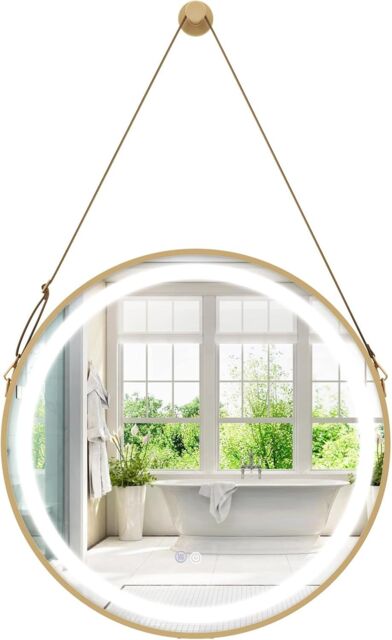 Gymax 60 x 60 CM Bathroom Wall Mirror With Hanging Strap 3 Colors LED Light in Gold - image 1