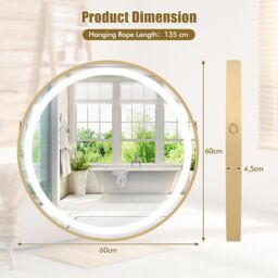 Gymax 60 x 60 CM Bathroom Wall Mirror With Hanging Strap 3 Colors LED Light in Gold - thumbnail 3