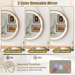 Gymax 60 x 60 CM Bathroom Wall Mirror With Hanging Strap 3 Colors LED Light in Gold - thumbnail 4