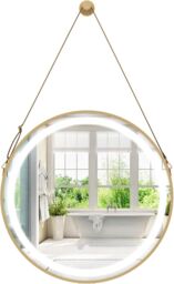 Gymax 60 x 60 CM Bathroom Wall Mirror With Hanging Strap 3 Colors LED Light in Gold - thumbnail 1