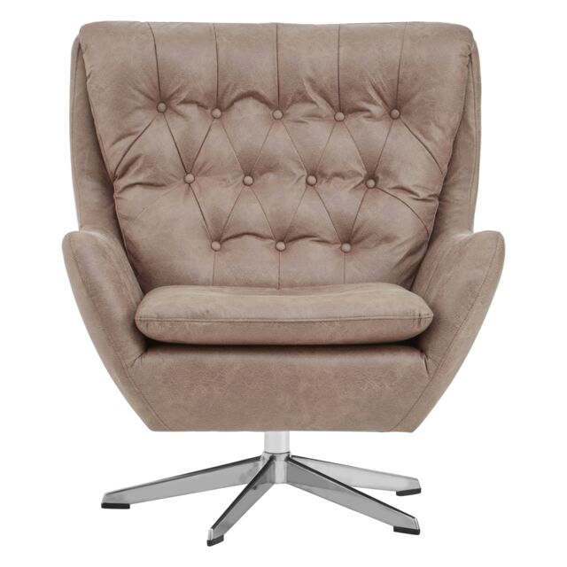 Orsina Faux Brown Leather Armchair With Swivel Base, Accent Chair With Button Tufted Backrest, Metallic Reading Seat - image 1