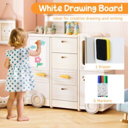 Costway Toy Storage Organizer Bus-shaped Children Cabinet w/Drawers in Beige - thumbnail 8
