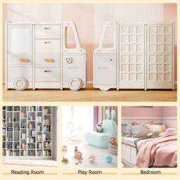 Costway Toy Storage Organizer Bus-shaped Children Cabinet w/Drawers in Beige - thumbnail 6