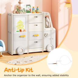 Costway Toy Storage Organizer Bus-shaped Children Cabinet w/Drawers in Beige - thumbnail 9