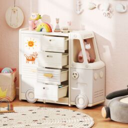 Costway Toy Storage Organizer Bus-shaped Children Cabinet w/Drawers in Beige - thumbnail 5