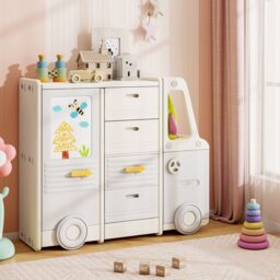 Costway Toy Storage Organizer Bus-shaped Children Cabinet w/Drawers in Beige - thumbnail 3