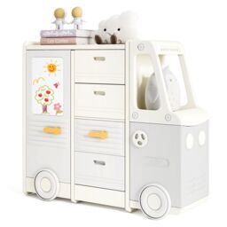 Costway Toy Storage Organizer Bus-shaped Children Cabinet w/Drawers in Beige - thumbnail 1
