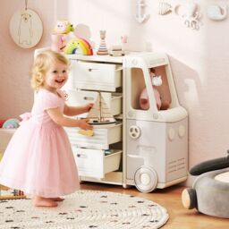 Costway Toy Storage Organizer Bus-shaped Children Cabinet w/Drawers in Beige - thumbnail 4