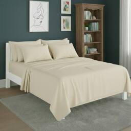 Snug City Plain Poly Cotton Easy Care Fitted Flat Sheet Matching Pillowcases Set in Cream - Size: Super King - thumbnail 1