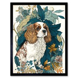 "Artery8 Wall Art Print King Charles Spaniel Dog in Leafy Plants Modern Art Framed in Black - Size: W12"" x H16""" - thumbnail 1