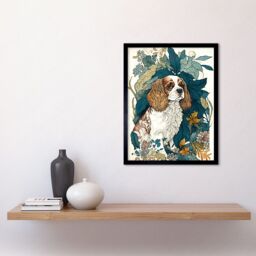 "Artery8 Wall Art Print King Charles Spaniel Dog in Leafy Plants Modern Art Framed in Black - Size: W12"" x H16""" - thumbnail 2