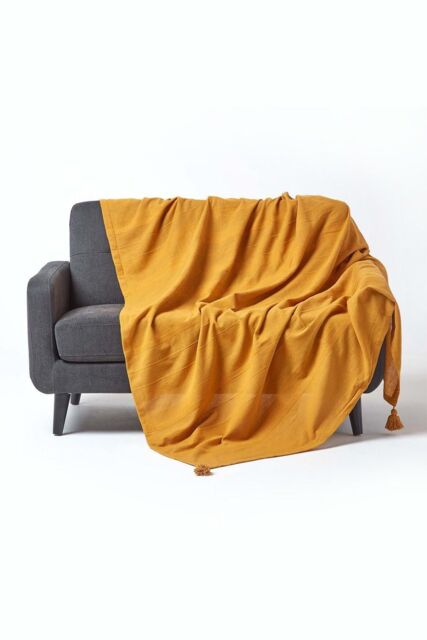 Homescapes Cotton Rajput Ribbed Throw in Mustard - Size: 150 cm x 200 cm - image 1