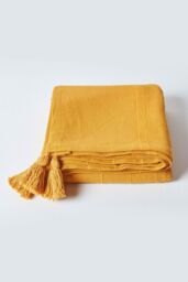 Homescapes Cotton Rajput Ribbed Throw in Mustard - Size: 150 cm x 200 cm - thumbnail 2