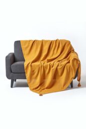 Homescapes Cotton Rajput Ribbed Throw in Mustard - Size: 150 cm x 200 cm - thumbnail 1