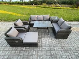 Fimous 8 Seater High Back PE Rattan Sofa Set Outdoor Garden Furniture Dining Table Set With Reclining Chair 3 Seater Sofa in Dark Grey - thumbnail 2