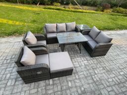 Fimous 8 Seater High Back PE Rattan Sofa Set Outdoor Garden Furniture Dining Table Set With Reclining Chair 3 Seater Sofa in Dark Grey - thumbnail 1