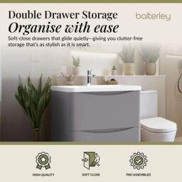 Balterley Floor Standing 2 Drawer Bathroom Vanity Unit & Basin, Grey, 755mm in Grey - thumbnail 2