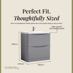 Balterley Floor Standing 2 Drawer Bathroom Vanity Unit & Basin, Grey, 755mm in Grey - thumbnail 5