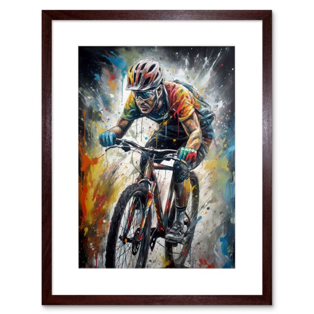 "Artery8 Wall Art Print Bike Rider Racing Paint Splat Sport Bicycle Race Artwork Framed 9X7 Inch in Brown - Size: W7"" x H9""" - image 1