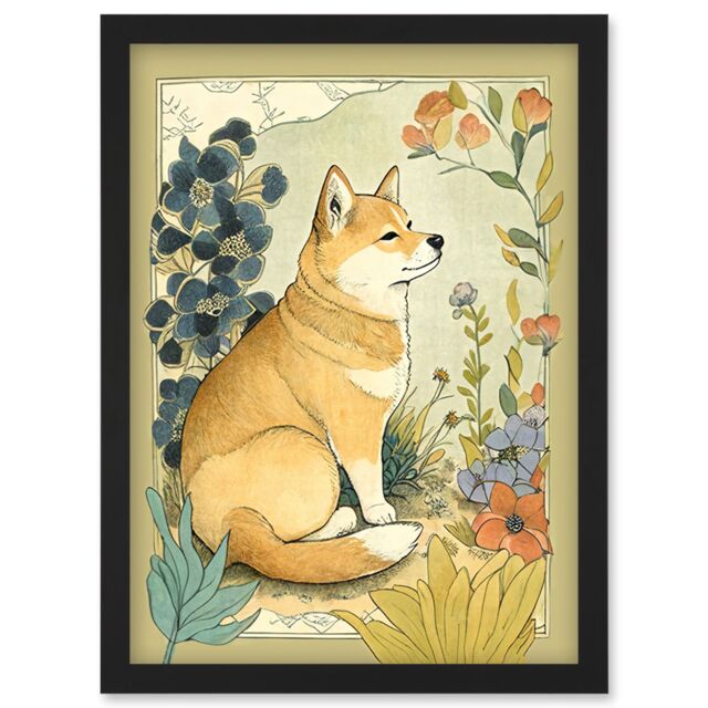 Artery8 Shiba Inu Dog in Flower Field Modern Pastel Watercolour Illustration Artwork Framed Wall Art Print A4 in Black - image 1