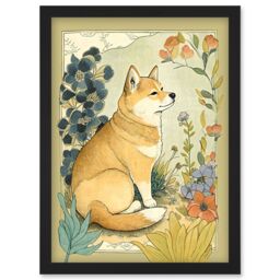 Artery8 Shiba Inu Dog in Flower Field Modern Pastel Watercolour Illustration Artwork Framed Wall Art Print A4 in Black - thumbnail 1