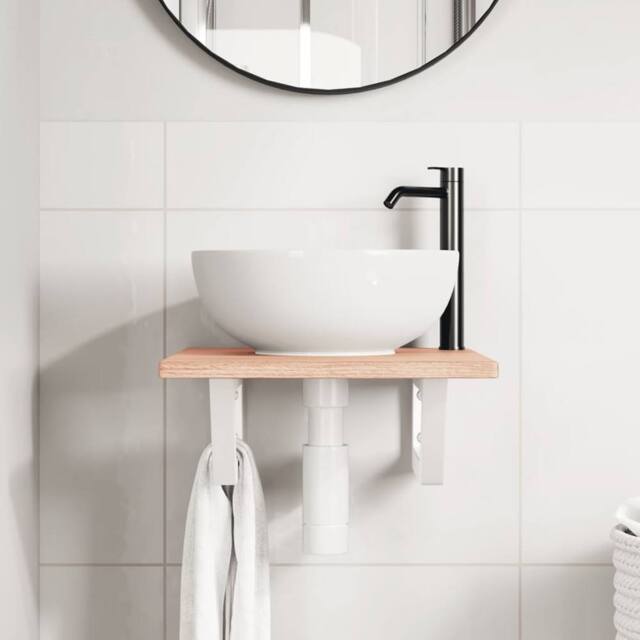 Berkfield Home Elegant Basin Shelf Wall Mounted Steel & Solid Wood Oak in Brown - image 1