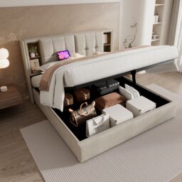 Matteo Super King Bed Frame with Large Storage Space in Cream - thumbnail 1