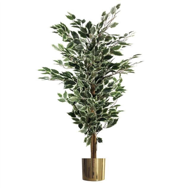 Leaf Artificial Ficus Tree Plant White Edge Bushy 130cm Plants Gold Metal Planter in Green - image 1