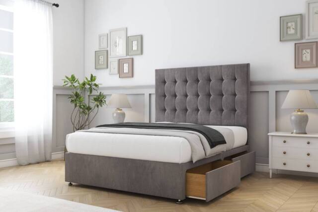 "Comfort Beds Savannah Naples Divan Base 2 Drawers - 26"" Headboard in Grey - Size: Small Double" - image 1