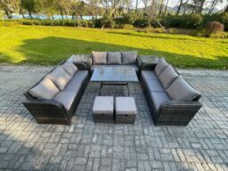 Fimous Rattan Garden Furniture Set 11 Seater Patio Outdoor Lounge Sofa Set with 2 Side Tables Rectangular Dining Table 2 Small Footstools in Dark Grey - thumbnail 1