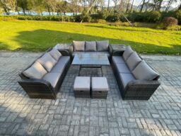 Fimous Rattan Garden Furniture Set 11 Seater Patio Outdoor Lounge Sofa Set with 2 Side Tables Rectangular Dining Table 2 Small Footstools in Dark Grey - thumbnail 2