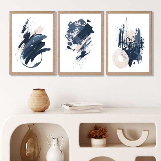 ARTZE Set of 3 Blue Abstract Minimal Wall Art Prints / Size: A2 / Oak Frame in Dark Blue - Size: W53 cm x H53 cm x D20mm - image 1