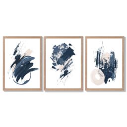 ARTZE Set of 3 Blue Abstract Minimal Wall Art Prints / Size: A2 / Oak Frame in Dark Blue - Size: W53 cm x H53 cm x D20mm - thumbnail 2