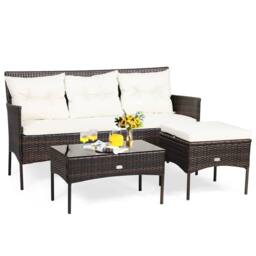 Costway 3PCS Patio Conversation Set Rattan Wicker Furniture Set w/ Cushions in White - thumbnail 3