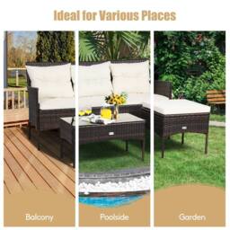 Costway 3PCS Patio Conversation Set Rattan Wicker Furniture Set w/ Cushions in White - thumbnail 9