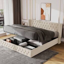 HomeTouch Ambessa Velvet Ottoman King Size Bed Frame with Headboard & Storage in Beige