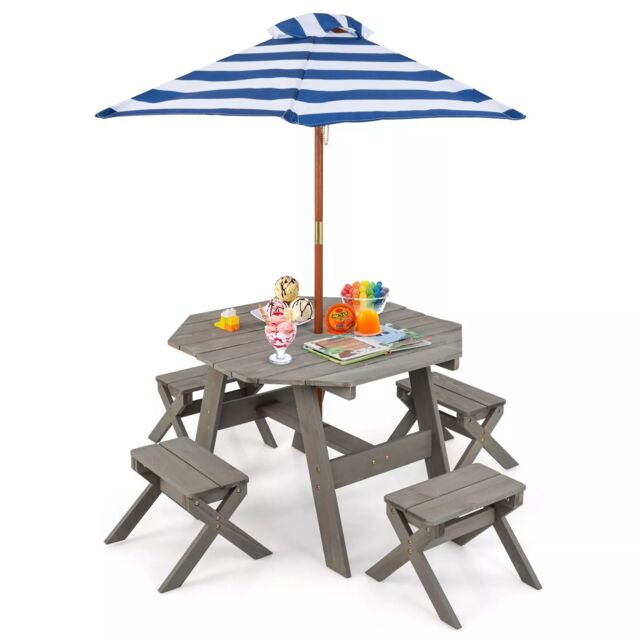 Costway Wooden Octagon Table Set Kids Picnic Table & 4 Chairs w /Umbrella in Grey - image 1
