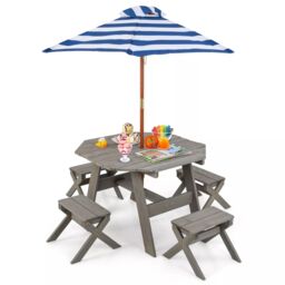 Costway Wooden Octagon Table Set Kids Picnic Table & 4 Chairs w /Umbrella in Grey