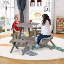 Costway Wooden Octagon Table Set Kids Picnic Table & 4 Chairs w /Umbrella in Grey - thumbnail 4