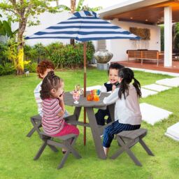 Costway Wooden Octagon Table Set Kids Picnic Table & 4 Chairs w /Umbrella in Grey - thumbnail 3