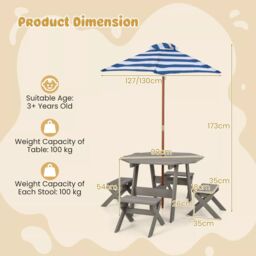 Costway Wooden Octagon Table Set Kids Picnic Table & 4 Chairs w /Umbrella in Grey - thumbnail 2