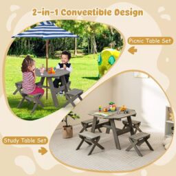 Costway Wooden Octagon Table Set Kids Picnic Table & 4 Chairs w /Umbrella in Grey - thumbnail 6