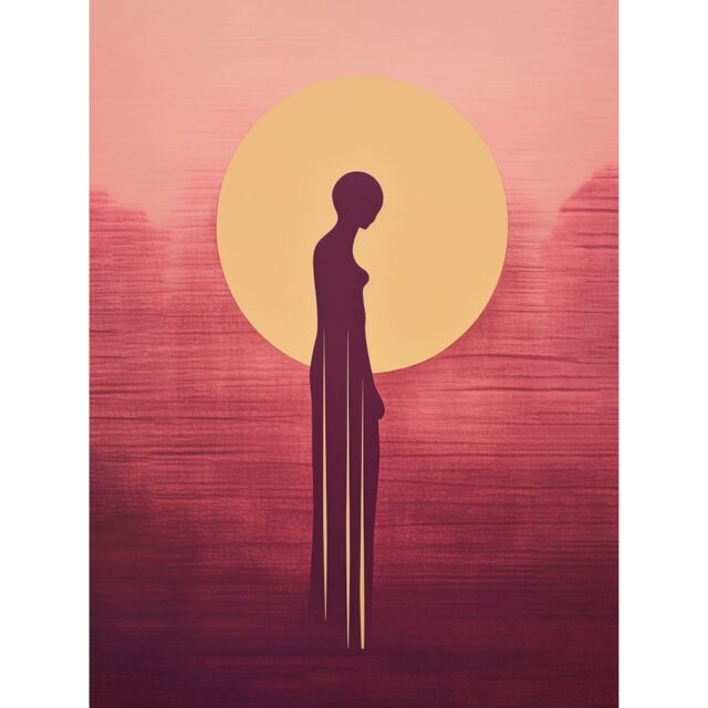 "Artery8 Wall Art Print Sunrise Solitude Minimalist Artwork Plum Pink Gold African Woman Silhouette in Golden Sun Halo Poster - Size: W24"" x H32""" - image 1