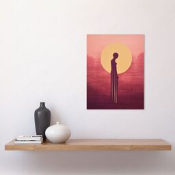 "Artery8 Wall Art Print Sunrise Solitude Minimalist Artwork Plum Pink Gold African Woman Silhouette in Golden Sun Halo Poster - Size: W24"" x H32""" - thumbnail 2