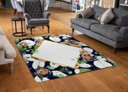 Benjamin Tate Design Decorative Flowers On Navy Rug in Natural - Size: Large - thumbnail 2