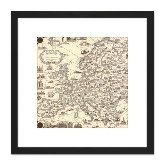 Artery8 1938 Ernest Dudley Chase Pictorial Map Of Europe 8X8 Inch Square Wooden Framed Wall Art Print Picture with Mount in Black - image 1